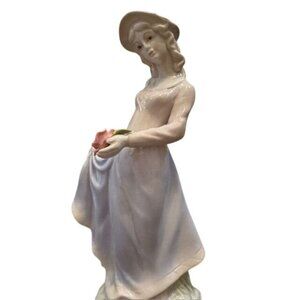 Vintage Ceramic Lady Figurine Holding Pink Rose Hat Accent 10"